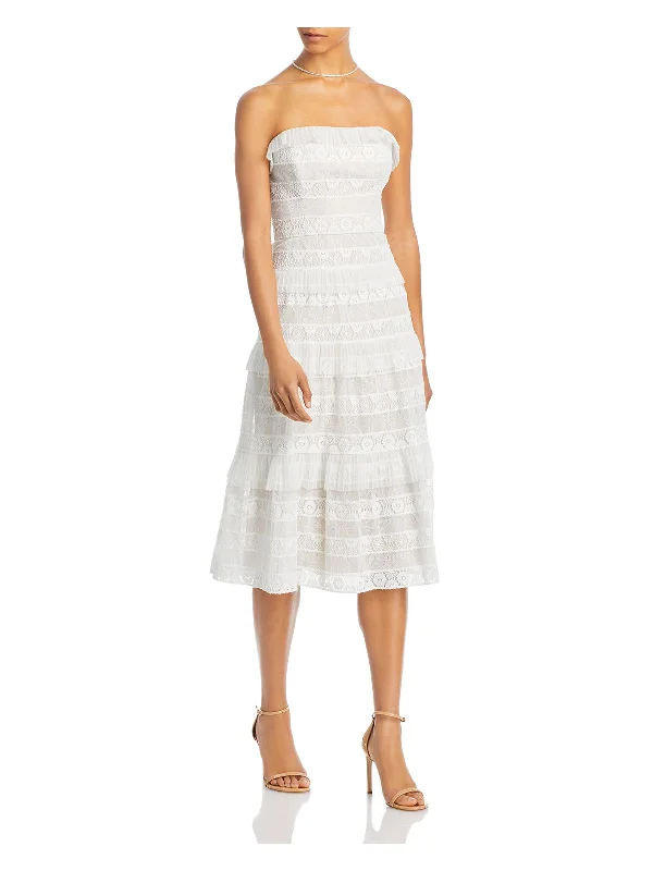 Limited Time Offer BCBG MAXAZRIA Womens White Ruffled Zippered Tiered Lined Sleeveless Strapless Midi Party Fit + Flare Dress