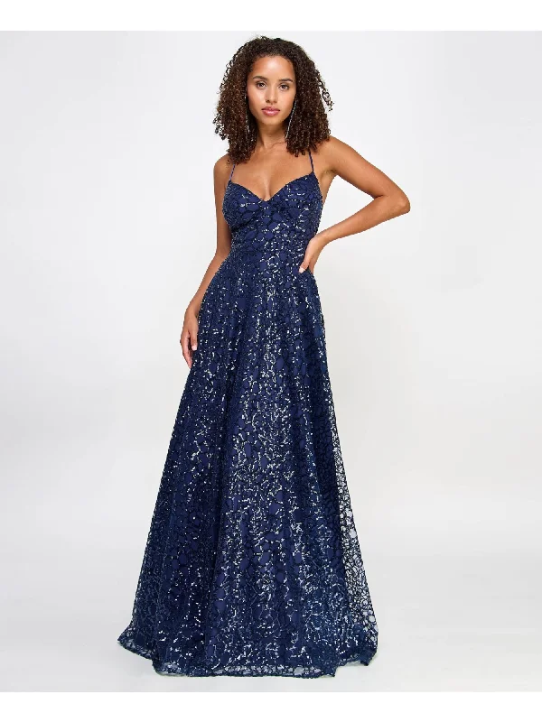Amazing Deals SAY YES TO THE PROM Womens Navy Zippered Lined Lace-up Back Spaghetti Strap Sweetheart Neckline Full-Length Prom Gown Dress