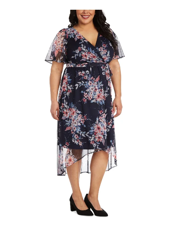 Last Chance R&M RICHARDS WOMAN Womens Navy Stretch Belted Sheer Hi-lo Hem Pull Over Style Lined Floral Flutter Sleeve Surplice Neckline Maxi Wear To Work Faux Wrap Dress