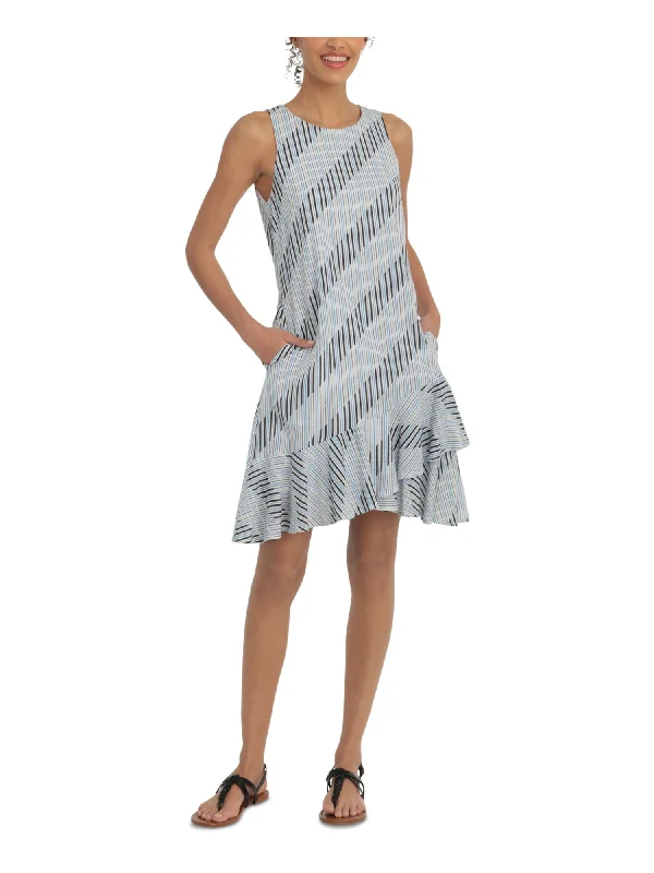 Exclusive Preview LONDON TIMES PETITES Womens White Stretch Zippered Ruffled Striped Sleeveless Jewel Neck Above The Knee Trapeze Dress