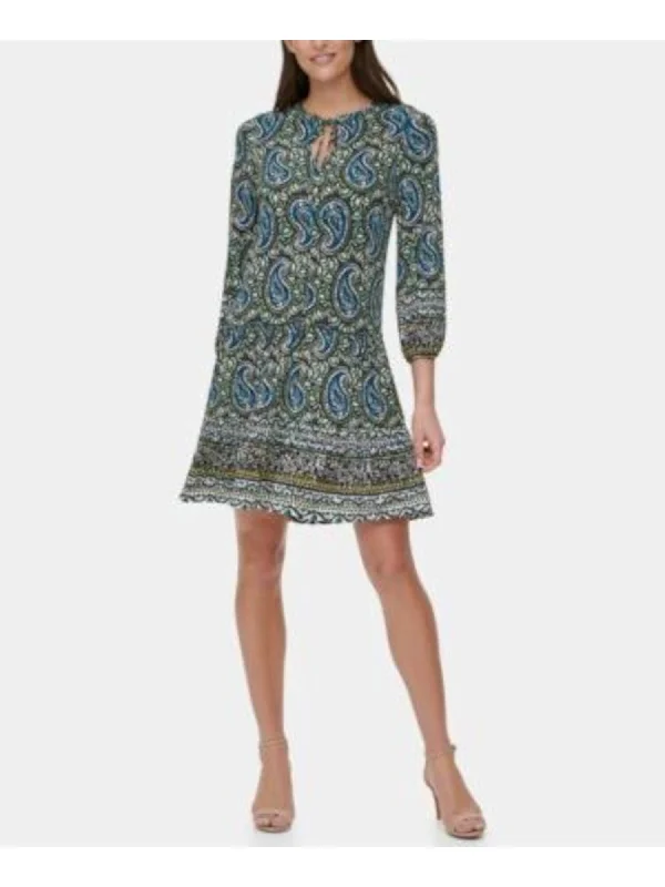 New Markdowns TOMMY HILFIGER Womens Green Stretch Paisley 3/4 Sleeve Keyhole Short Wear To Work Fit + Flare Dress