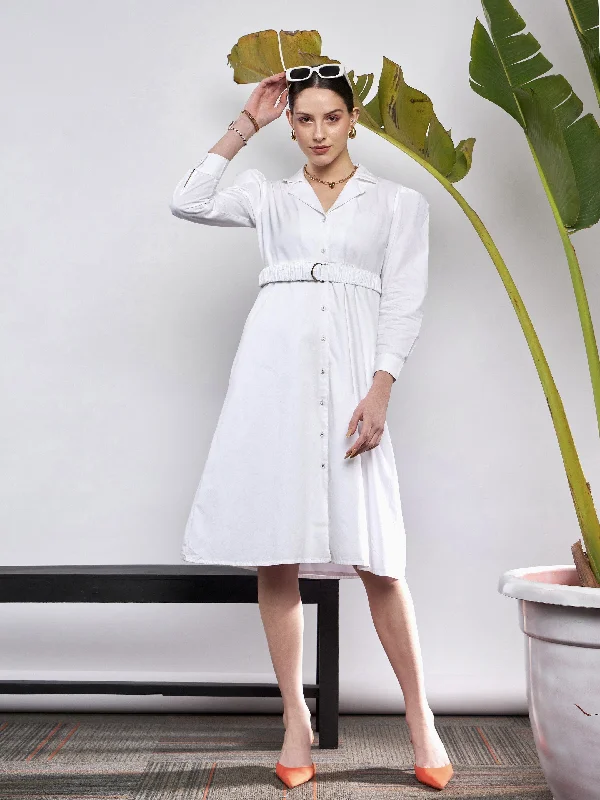 Special Buy Women White Poplin Ruched Belted Shirt Dress