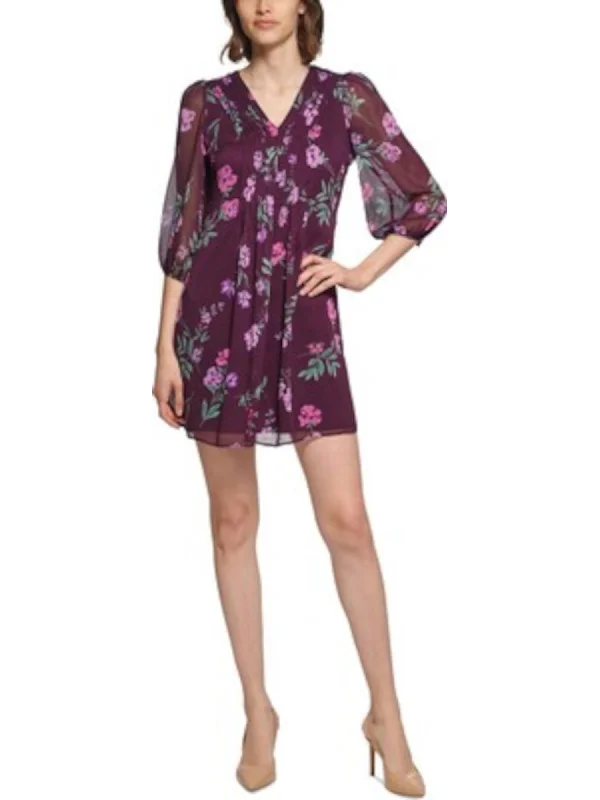 Markdown Madness CALVIN KLEIN Womens Purple Pleated Zippered Lined Floral 3/4 Sleeve V Neck Short Wear To Work Shift Dress