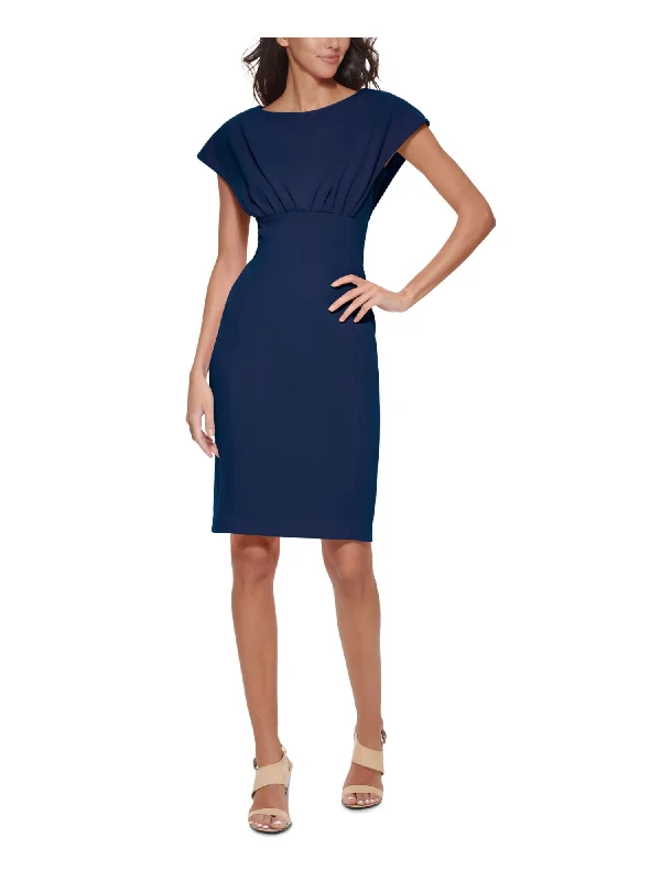 Can't Be Beat CALVIN KLEIN Womens Navy Zippered Pleated Unlined Cap Sleeve Boat Neck Above The Knee Wear To Work Sheath Dress