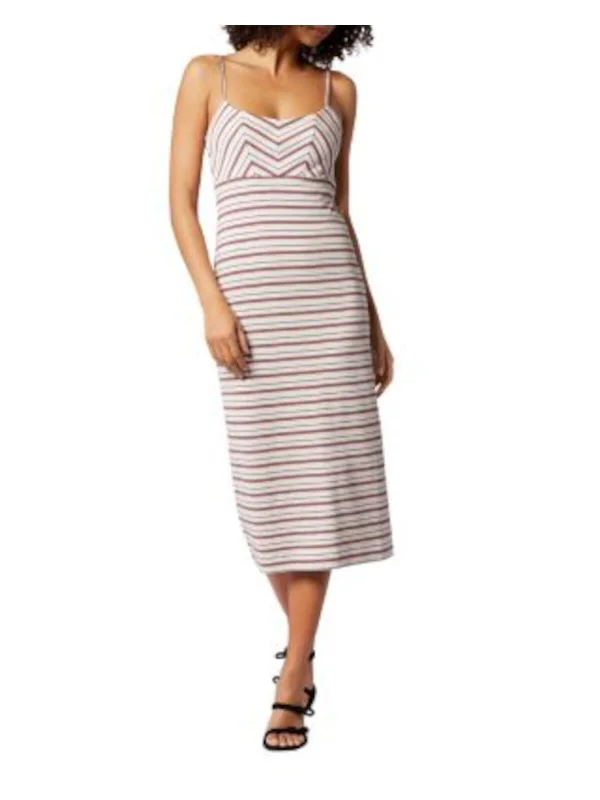 Year-End Clearance SOFT * JOIE Womens Beige Unlined Smocked Back Striped Spaghetti Strap V Neck Midi Sheath Dress