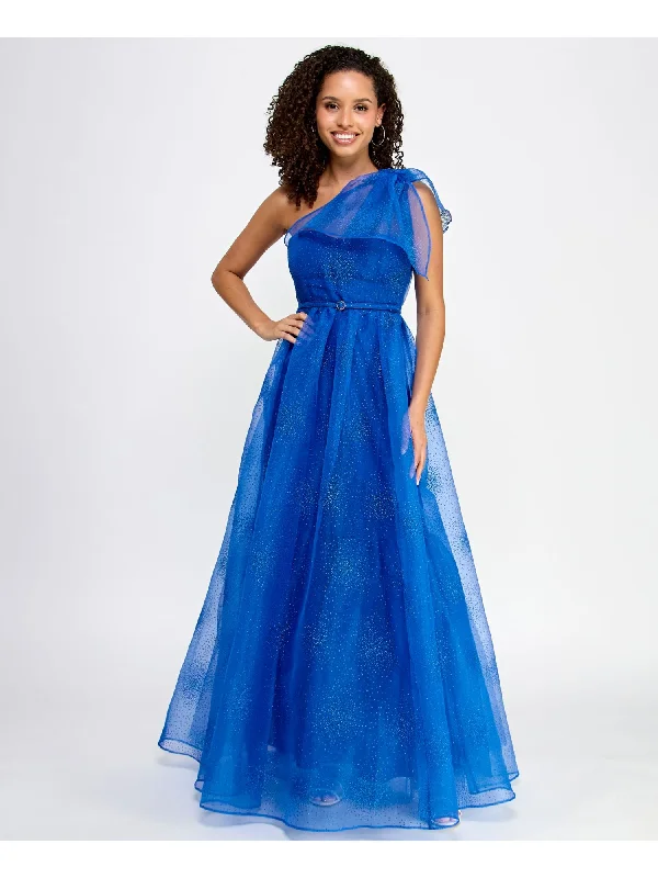 Great Deals VIOLET WEEKEND Womens Blue Zippered Belted Glitter Tulle Gathered Sash Sleeveless Asymmetrical Neckline Full-Length Formal Fit + Flare Dress