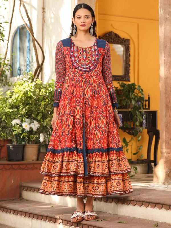Exclusive Deal Women Ikat Printed & Embroidered Rust Cotton Voile Layered Maxi Dress