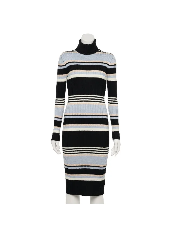 Shop and Save ALMOST FAMOUS Womens Black Ribbed Striped Long Sleeve Turtle Neck Midi Wear To Work Body Con Dress