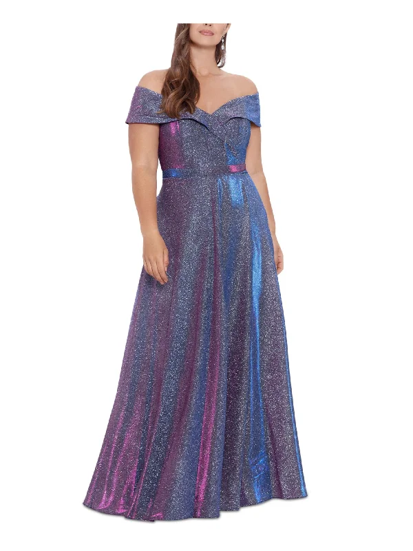 Price Cut XSCAPE Womens Blue Zippered Pocketed Molded Cups Lined Short Sleeve Off Shoulder Full-Length Evening Gown Dress