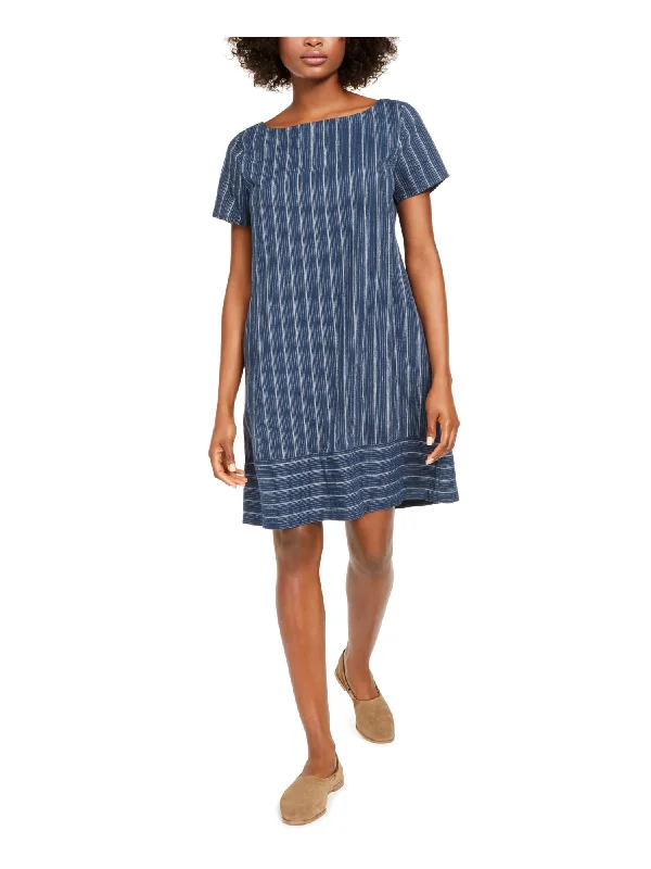 Steals and Deals EILEEN FISHER Womens Blue Pinstripe Jewel Neck Above The Knee Fit + Flare Dress