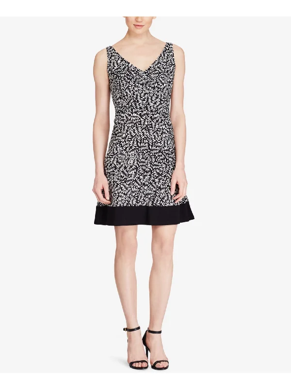 Price Cut AMERICAN LIVING Womens Black Printed Sleeveless V Neck Above The Knee Fit + Flare Dress