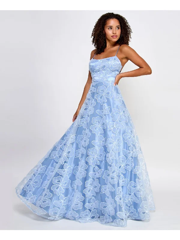 Price Drop SAY YES TO THE PROM Womens Light Blue Sequined Zippered Lace Up Back Mesh Ruffle Accents Spaghetti Strap Scoop Neck Full-Length Prom Gown Dress