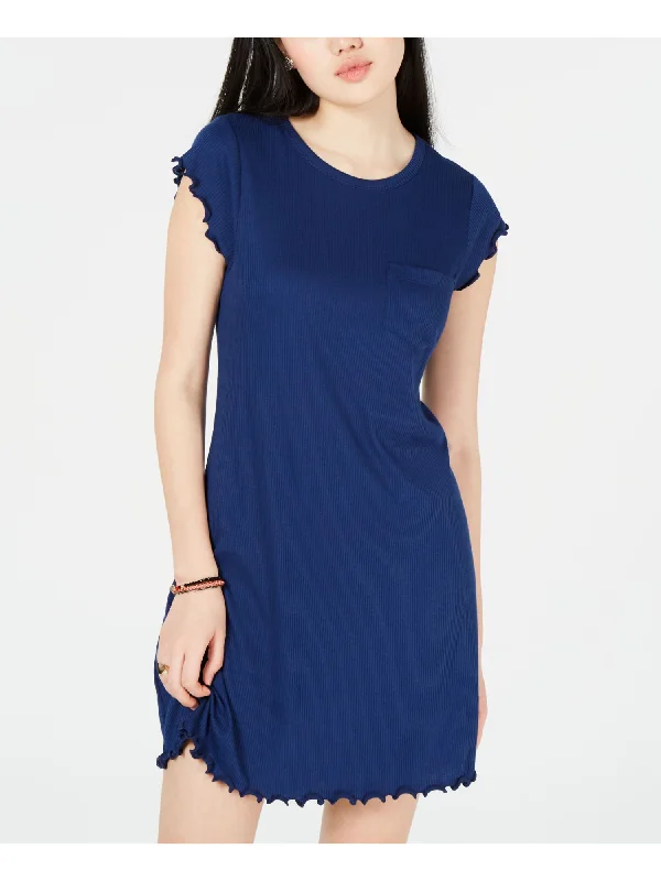 Deal Mania ULTRA FLIRT Womens Blue Short Sleeve Jewel Neck Mini Shift Dress