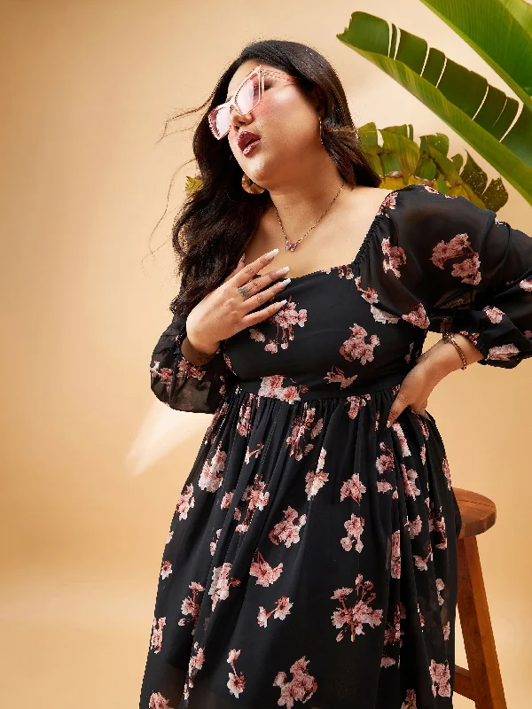 Act Fast Women Black Floral Print Back Smocking Detail Skater Dress