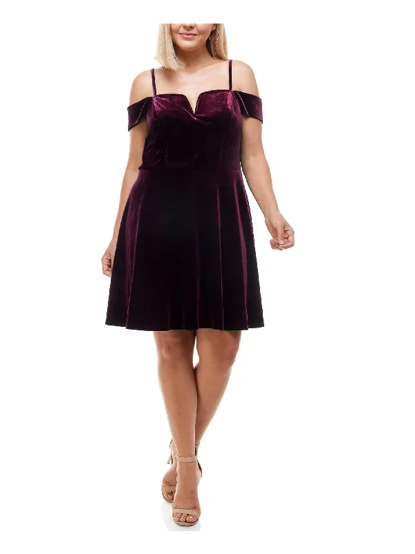 New Markdowns CITY STUDIO Womens Purple Cold Shoulder V-notch Neck  Velvet Above The Knee Cocktail Fit + Flare Dress