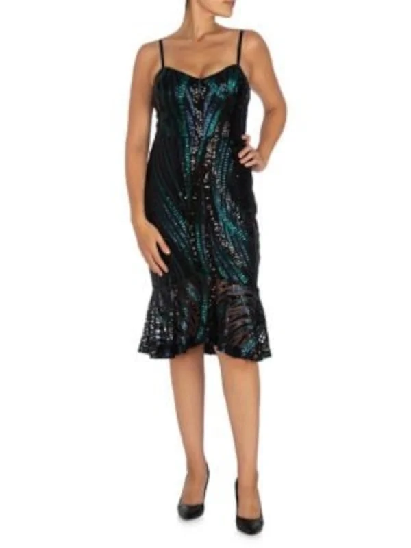 Buy Now GUESS Womens Sequined Sleeveless V Neck Below The Knee Cocktail Mermaid Dress