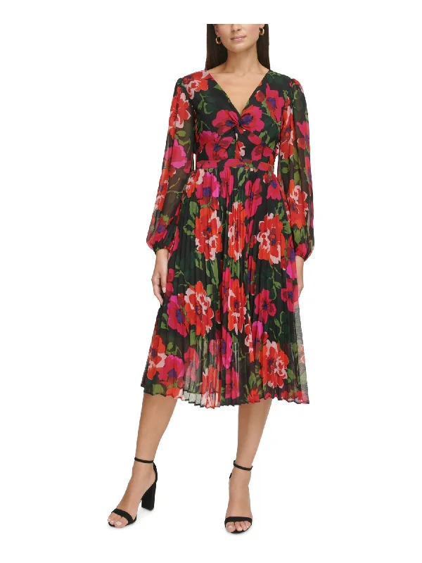 Fantastic Offers KENSIE DRESSES Womens Black Lined Ruched Twist Pleated Pull-on Floral Blouson Sleeve V Neck Midi Party Fit + Flare Dress