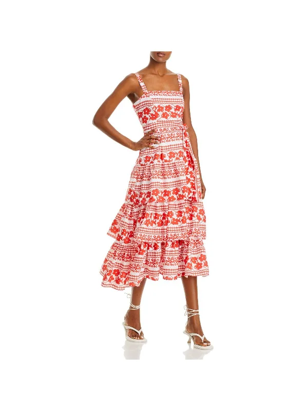 Inventory Reduction AQUA Womens White Zippered Lined Tiered Skirt Tie-belt Floral Sleeveless Square Neck Midi Fit + Flare Dress