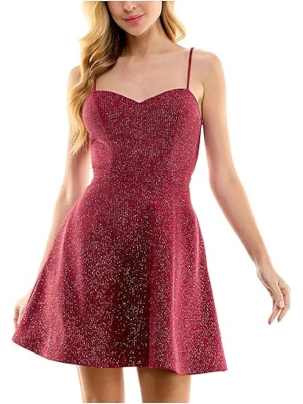 Huge Discounts CITY STUDIO Womens Maroon Metallic Zippered Pocketed Open Back Adjustable Pinstripe Spaghetti Strap Sweetheart Neckline Short Party Fit + Flare Dress