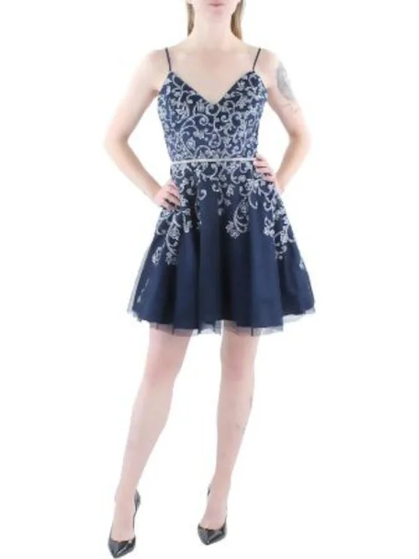 Stock Up and Save CITY STUDIO Womens Navy Spaghetti Strap V Neck Party Fit + Flare Dress