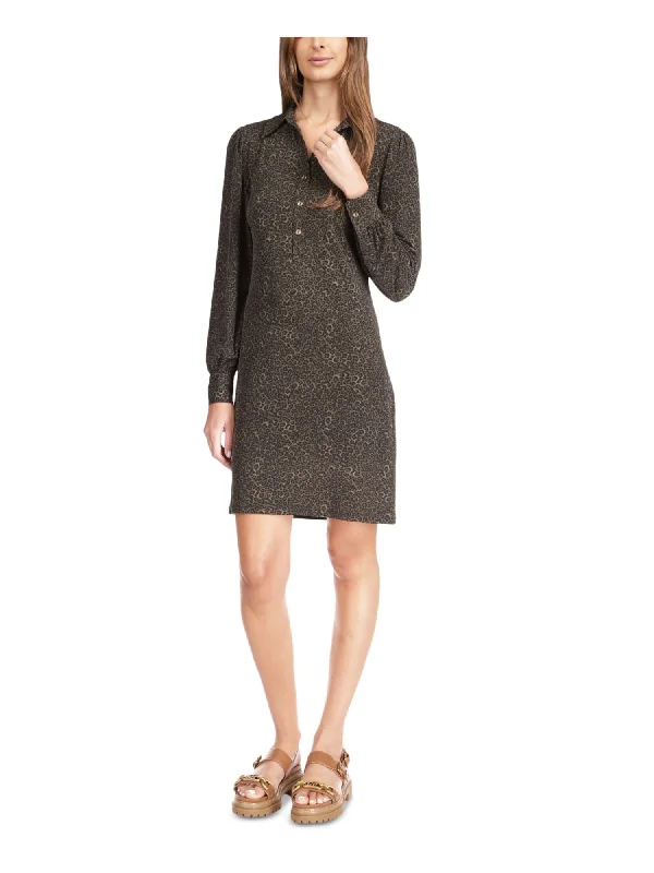 Must-Have Deals MICHAEL MICHAEL KORS Womens Green Unlined Button Front Pullover Animal Print Cuffed Sleeve Collared Short Shirt Dress