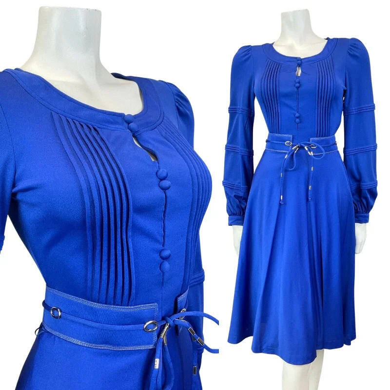 Deal Alert VINTAGE 60s 70s BRIGHT BLUE SILVER BELTED LOUIS FERAUD LONG SLEEVE SWING DRESS 6