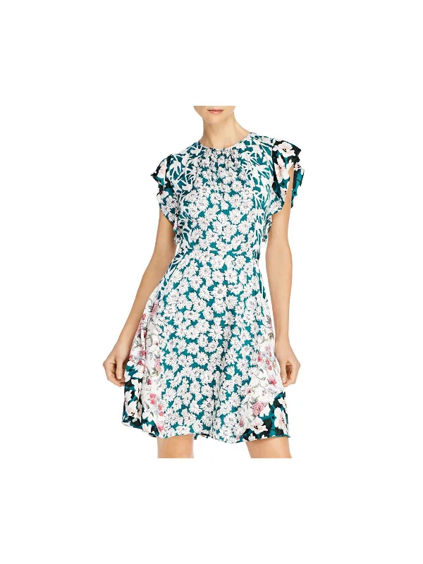 Markdowns REBECCA TAYLOR Womens Green Zippered Gathered Lined Skirt Keyhole Front Floral Flutter Sleeve Round Neck Above The Knee Fit + Flare Dress