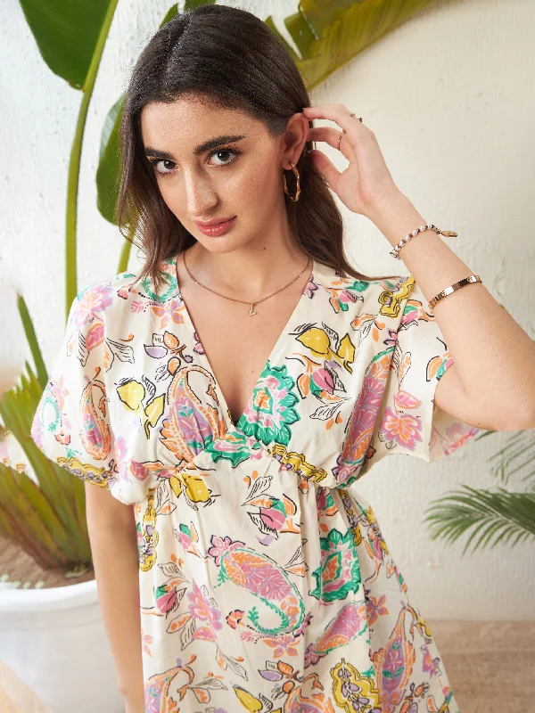 Massive Deals Women Off-White Paisley Floral Kimono Mini Dress