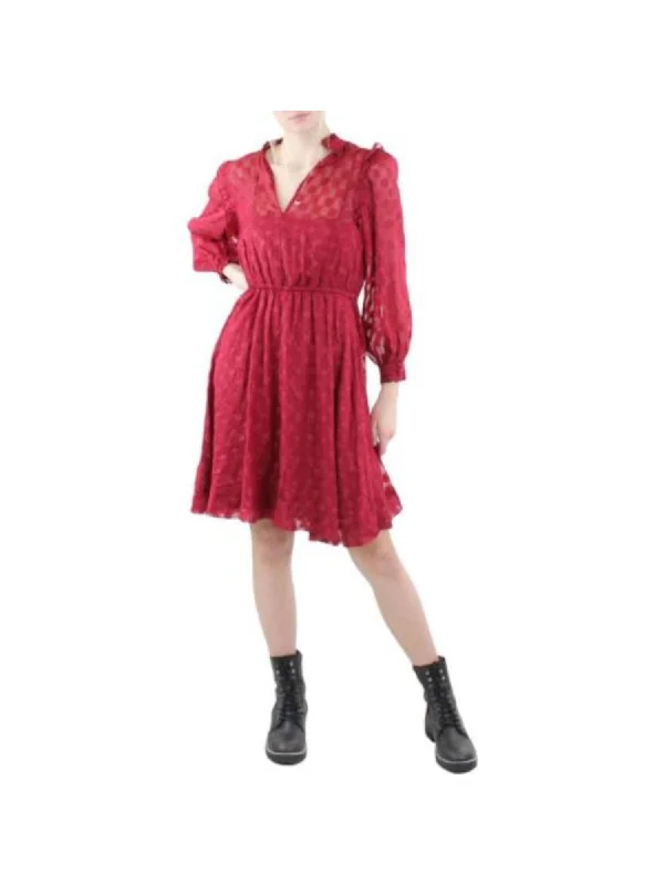 Special Buy CALVIN KLEIN Womens Red Textured Ruffled Keyhole Sheer Tie Elastic Waist Floral Long Sleeve V Neck Above The Knee Fit + Flare Dress