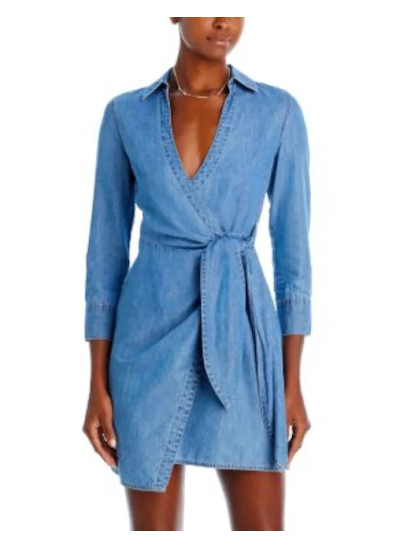 Online Exclusive VERONICA BEARD Womens Blue Tie Envelope Hem 3/4 Sleeve Surplice Neckline Short Wrap Dress