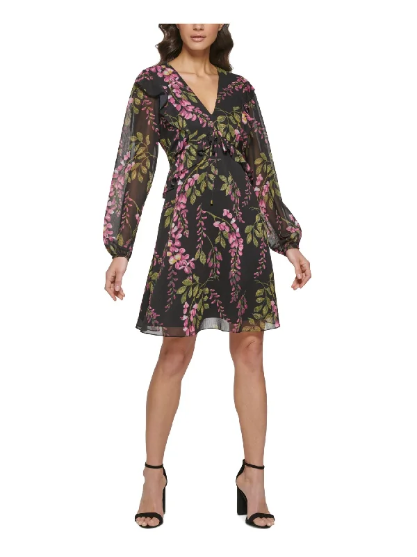 Flash Deals KENSIE DRESSES Womens Black Zippered Lined Sheer Tie Ruffled Floral Long Sleeve V Neck Above The Knee Empire Waist Dress