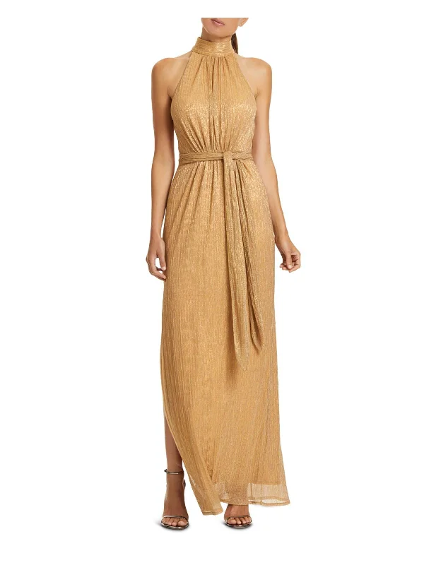 Value Deals HALSTON Womens Gold Belted Pleated Shimmer Sleeveless Halter Full-Length Evening Sheath Dress