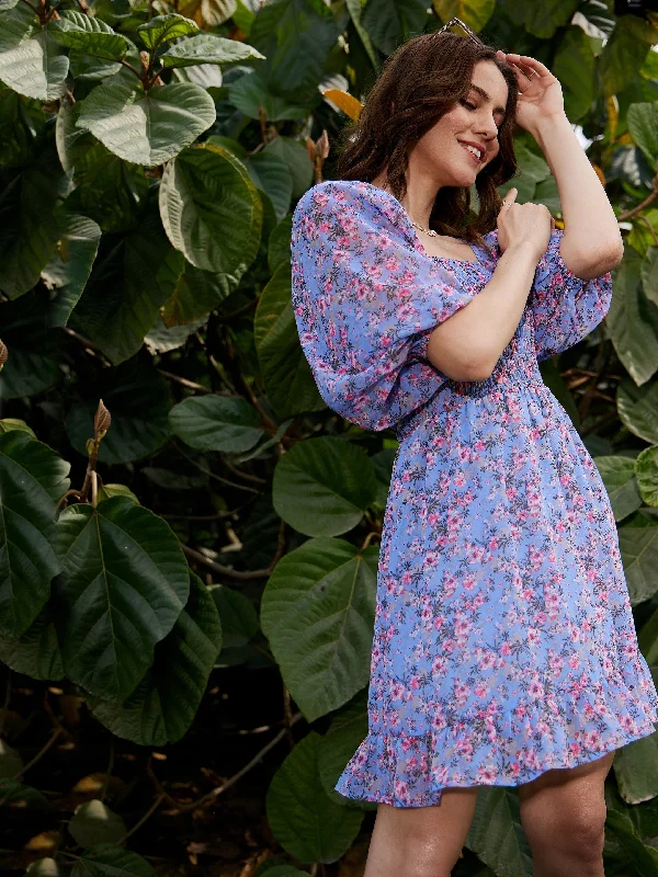 Huge Discounts Women Blue Floral Off Shoulder Mini Dress