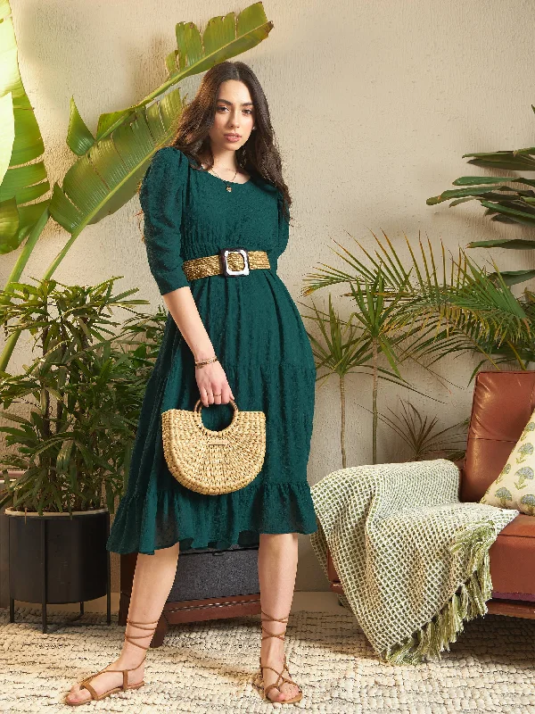 Instant Discount Women Teal Dobby Tiered Midi Dress