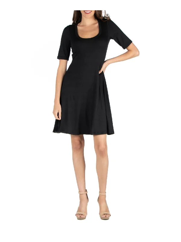 Crazy Savings 24 SEVEN COMFORT Womens Black Stretch Elbow Sleeve Scoop Neck Above The Knee Fit + Flare Dress