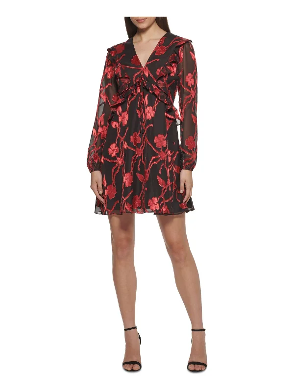 Deep Discounts KENSIE DRESSES Womens Ruffled Blouson Sleeve V Neck Short Formal Fit + Flare Dress