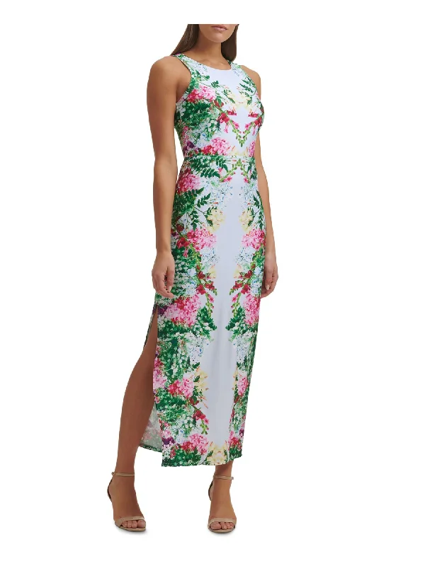 Can't Miss GUESS Womens Light Blue Stretch Cut Out Slitted Jersey-knit Sleeveless Crew Neck Maxi Evening Dress