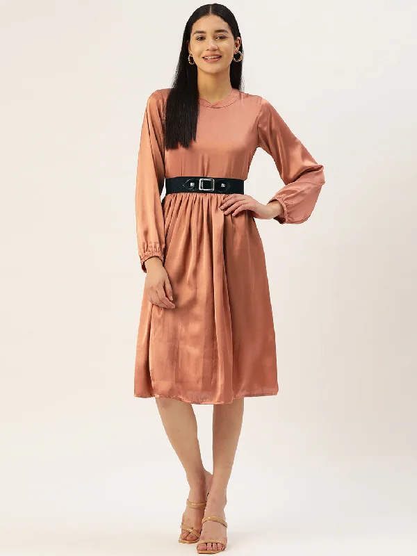 Exclusive Online Offer Women Peach-Coloured Satin Dress with Belt