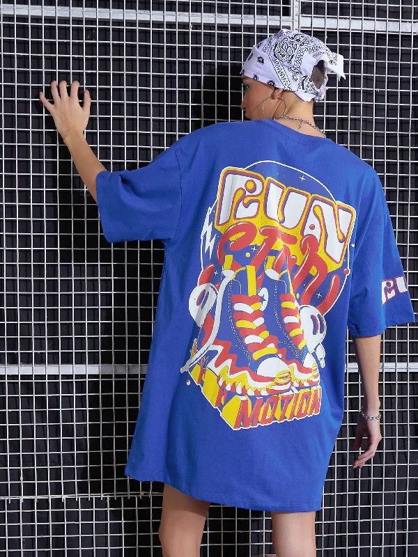 Stock Clearance Women Royal Blue FUN Printed Oversized T-Shirt Dress