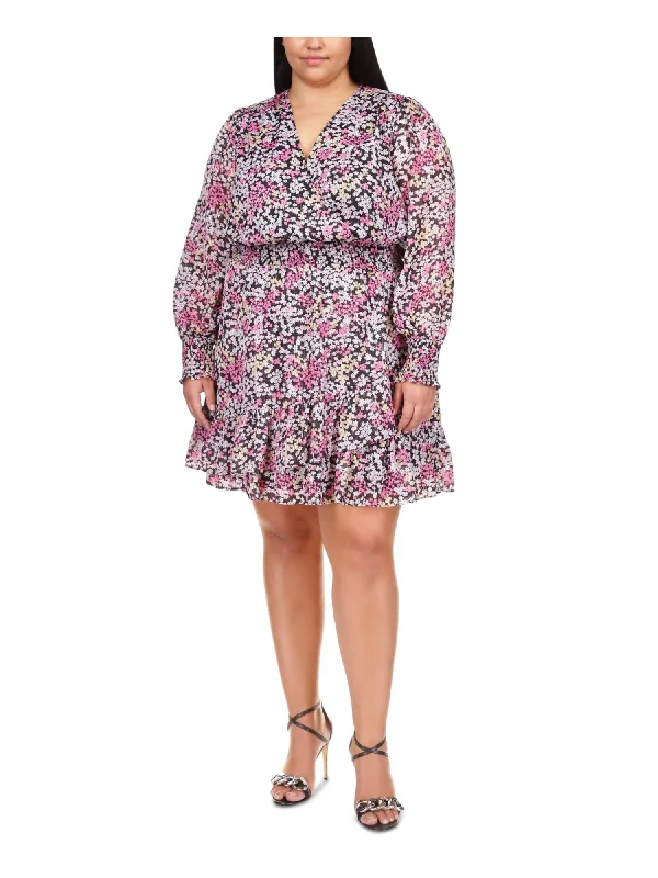 Super Bargain MICHAEL MICHAEL KORS Womens Black Smocked Metallic Sheer Lined Ruffled Pullover Floral Long Sleeve Surplice Neckline Above The Knee Fit + Flare Dress