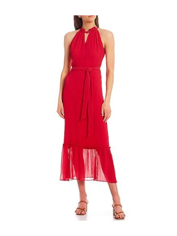 Quick Sale KENSIE Womens Pink Cut Out Ruffled Tie Tiered Keyhole Sleeveless Halter Maxi Evening Fit + Flare Dress
