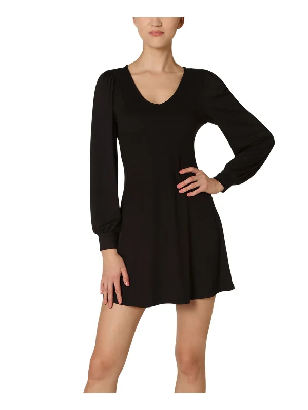 Early Access ULTRA FLIRT Womens Black Long Sleeve Scoop Neck Short Sheath Dress