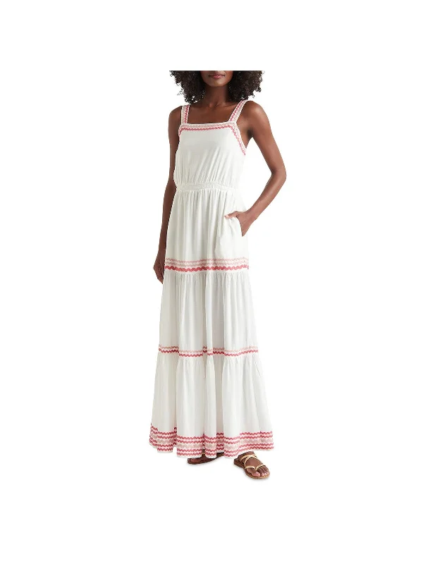 Best Seller SPLENDID Womens White Pocketed Elastic Waist Tiered Skirt Sleeveless Square Neck Full-Length Fit + Flare Dress