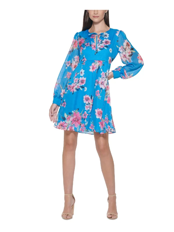 Super Sale KENSIE DRESSES Womens Blue Ribbed Lined Floral Cuffed Sleeve Tie Neck Above The Knee Party Shift Dress