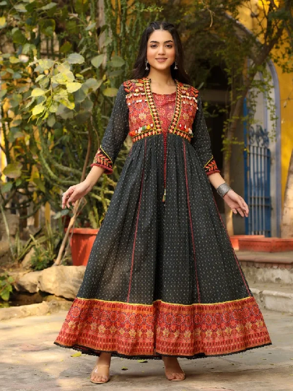 Seasonal Sale Women Black Cotton Voile Printed with Embroidered Layered Maxi Dress
