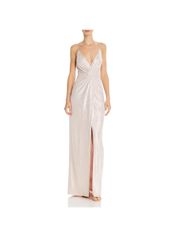 Hot Deal AIDAN AIDAN MATTOX Womens Pink Metallic Zippered Adjustable Straps Pinstripe Spaghetti Strap Surplice Neckline Full-Length Formal Faux Wrap Dress