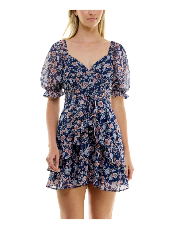 Warehouse Sale TRIXXI Womens Navy Zippered Lined Tie-belt Tiered Ruffle Hem Floral Pouf Sleeve Sweetheart Neckline Short Fit + Flare Dress