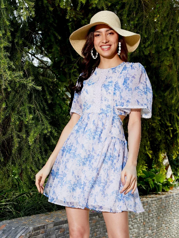 Value Deals Women Blue Floral Waist Cut Out Skater Dress
