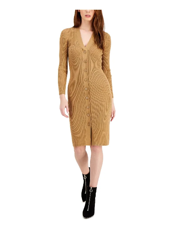 Friends and Family Sale BAR III DRESSES Womens Brown Knit Ribbed Fitted Button Detail Long Sleeve V Neck Above The Knee Sweater Dress