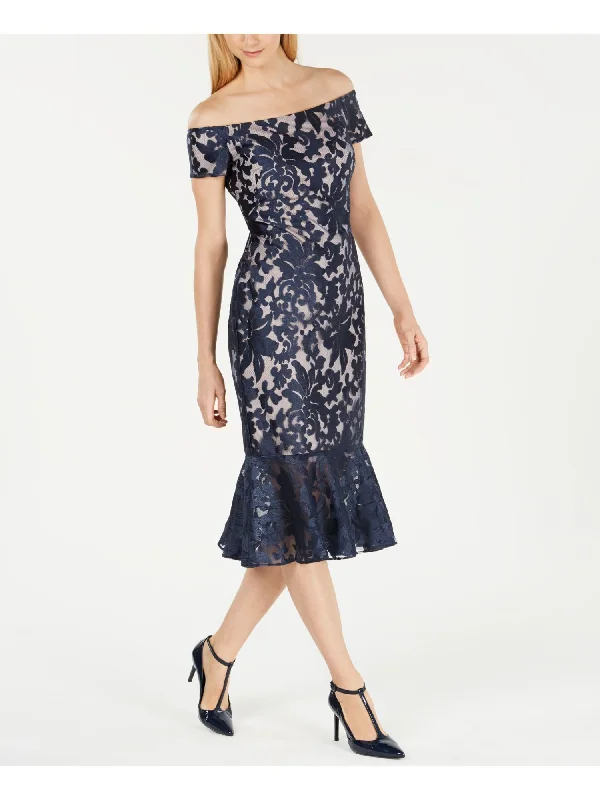Deal Dash CALVIN KLEIN Womens Nylon Embellished Floral Short Sleeve Off Shoulder Below The Knee Evening Sheath Dress
